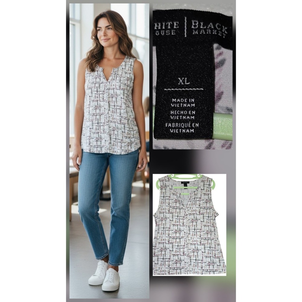 WHITE HOUSE BLACK MARKET V-Neck Crosshatch Grid Top Tank Blouse Size Xl Classic